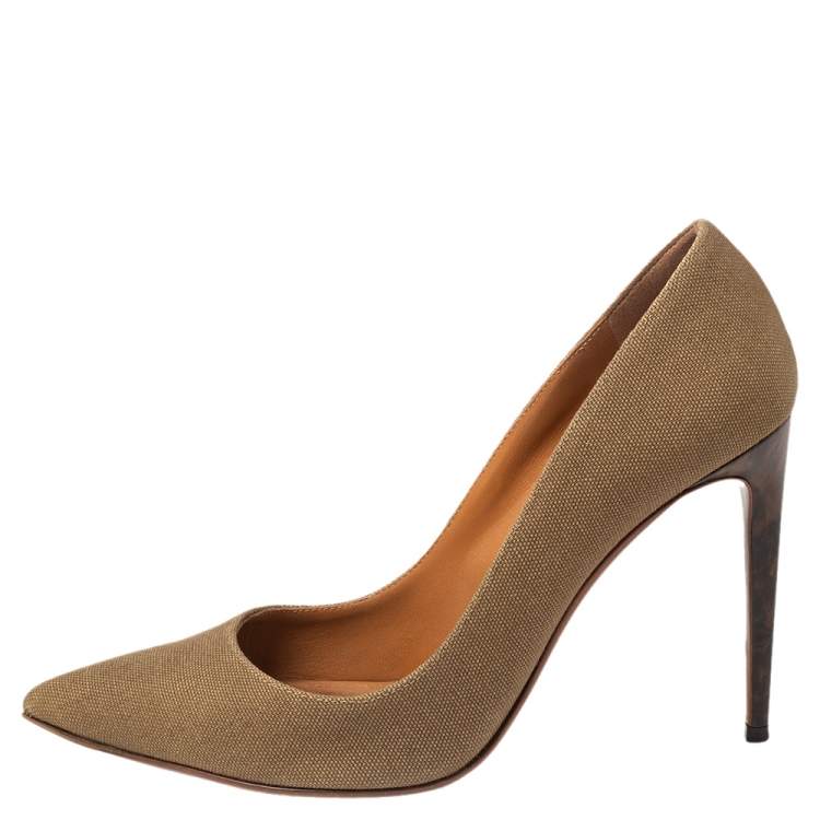 Pre Owned Ralph Lauren Olive Green Canvas Celia Pointed Toe Pumps Size 38.5