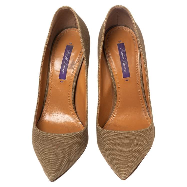 Pre Owned Ralph Lauren Olive Green Canvas Celia Pointed Toe Pumps Size 38.5