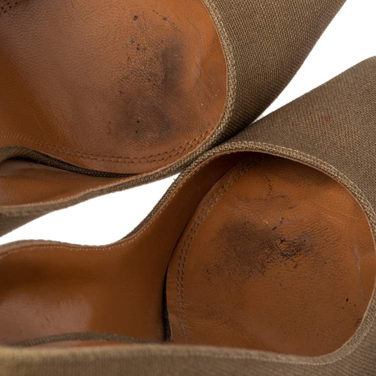 Pre Owned Ralph Lauren Olive Green Canvas Celia Pointed Toe Pumps Size 38.5