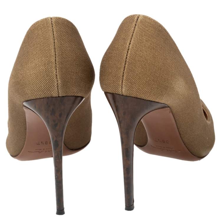 Pre Owned Ralph Lauren Olive Green Canvas Celia Pointed Toe Pumps Size 38.5