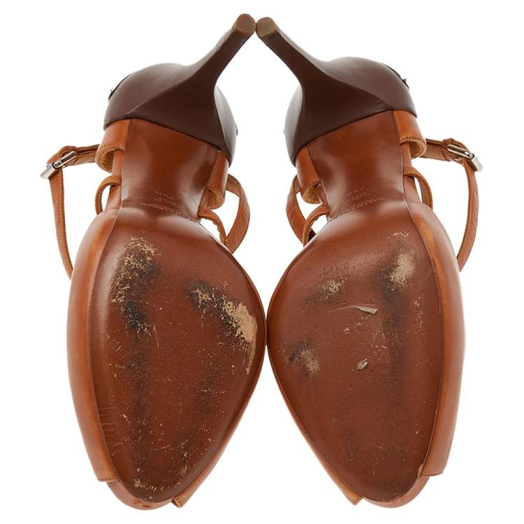 Pre Owned Ralph Lauren Brown Leather Ankle Strap Sandals Size 37.5