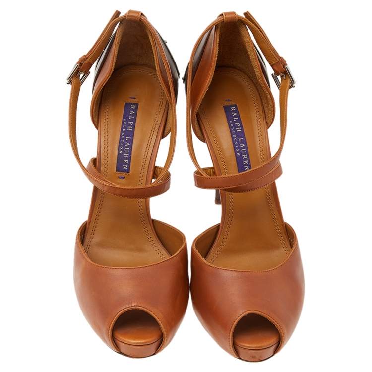 Pre Owned Ralph Lauren Brown Leather Ankle Strap Sandals Size 37.5