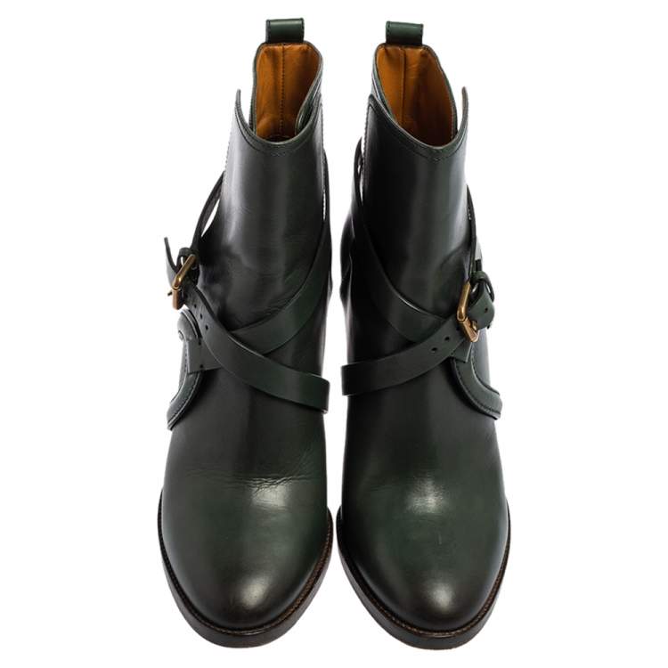 Pre Owned Ralph Lauren Green Leather Cross Strap Ankle Boots Size 39