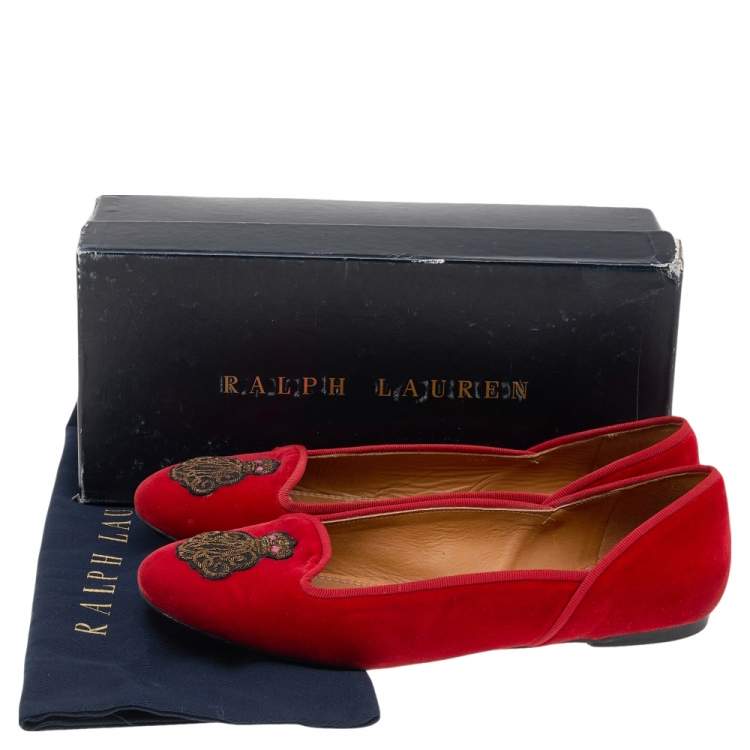 Pre Owned Ralph Lauren Collection Red Velvet Embroidered Ballet Flats Size 39.5
