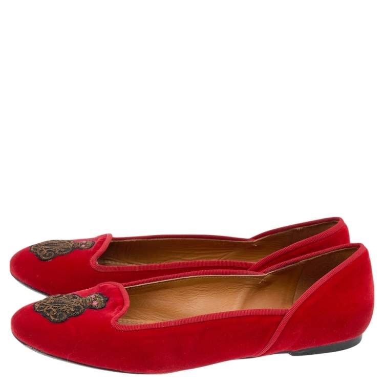 Pre Owned Ralph Lauren Collection Red Velvet Embroidered Ballet Flats Size 39.5
