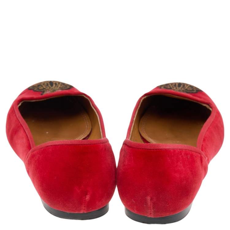 Pre Owned Ralph Lauren Collection Red Velvet Embroidered Ballet Flats Size 39.5