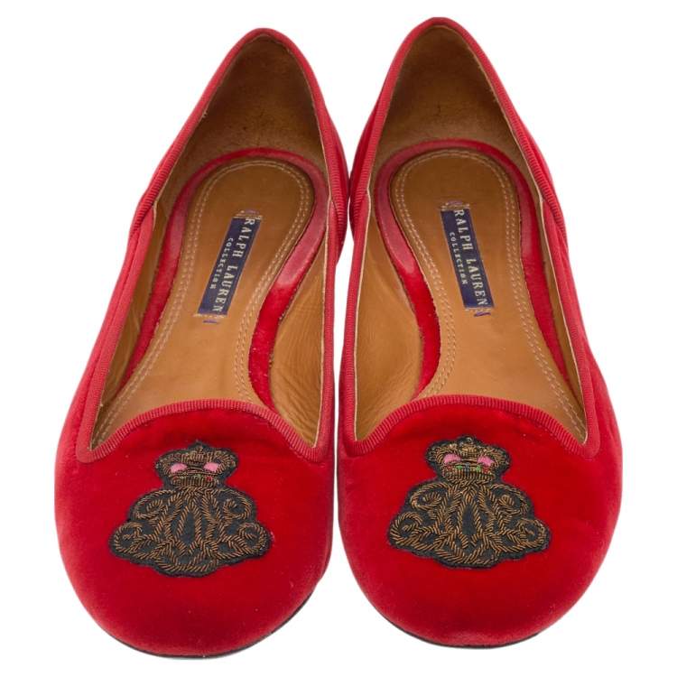 Pre Owned Ralph Lauren Collection Red Velvet Embroidered Ballet Flats Size 39.5