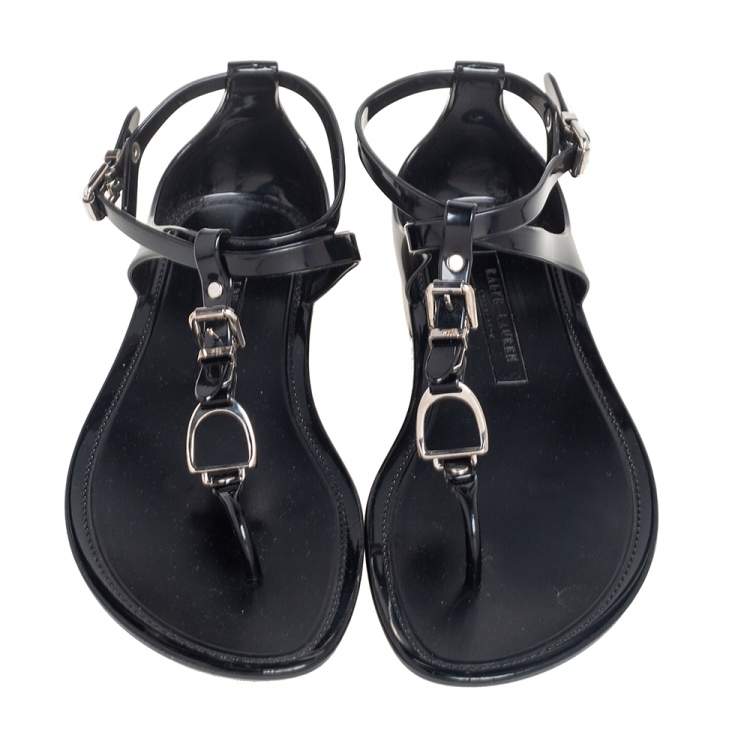Pre Owned Ralph Lauren Black Jelly Karly Ankle-Strap Flat Sandals Size 38