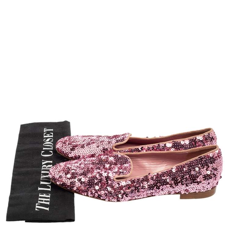 Pre Owned Ralph Lauren Pink Sequin Embellished Quintessa Pewter Smoking Slippers Size 37