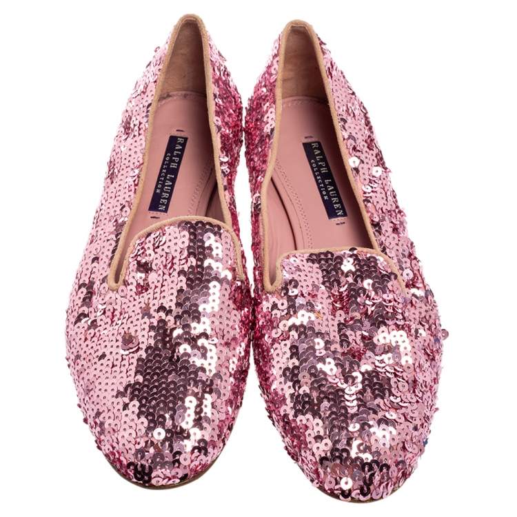 Pre Owned Ralph Lauren Pink Sequin Embellished Quintessa Pewter Smoking Slippers Size 37