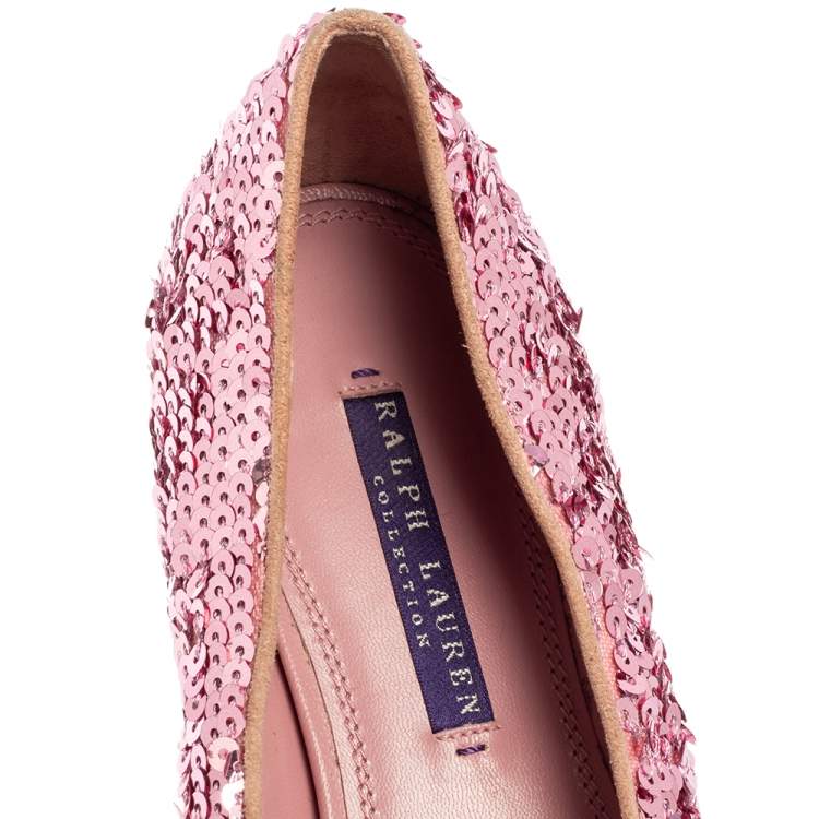 Pre Owned Ralph Lauren Pink Sequin Embellished Quintessa Pewter Smoking Slippers Size 37