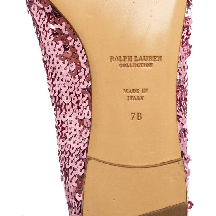Pre Owned Ralph Lauren Pink Sequin Embellished Quintessa Pewter Smoking Slippers Size 37