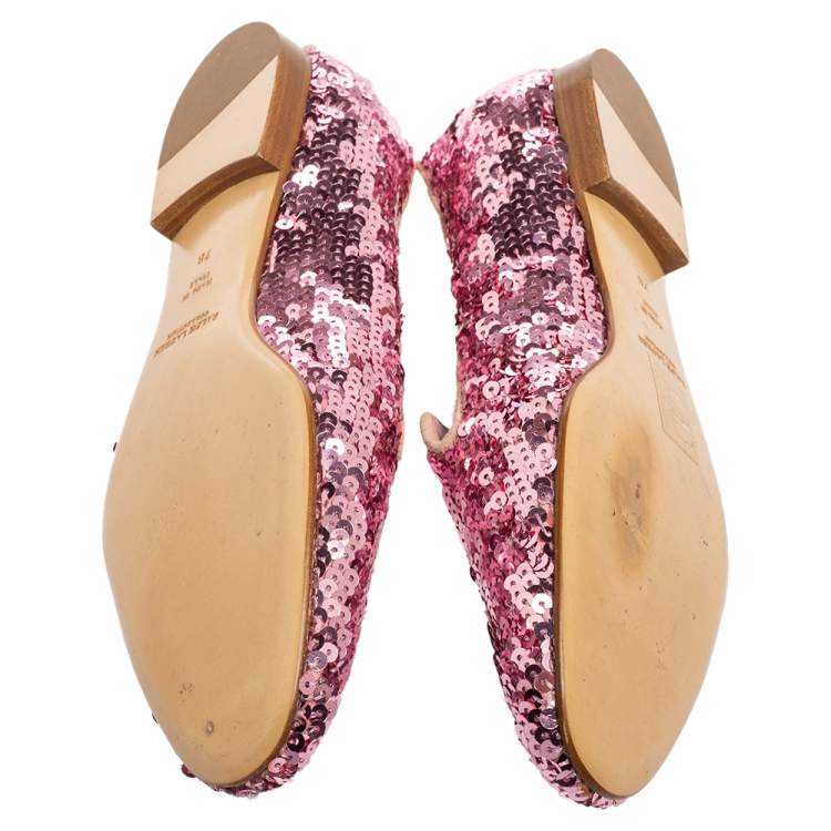 Pre Owned Ralph Lauren Pink Sequin Embellished Quintessa Pewter Smoking Slippers Size 37