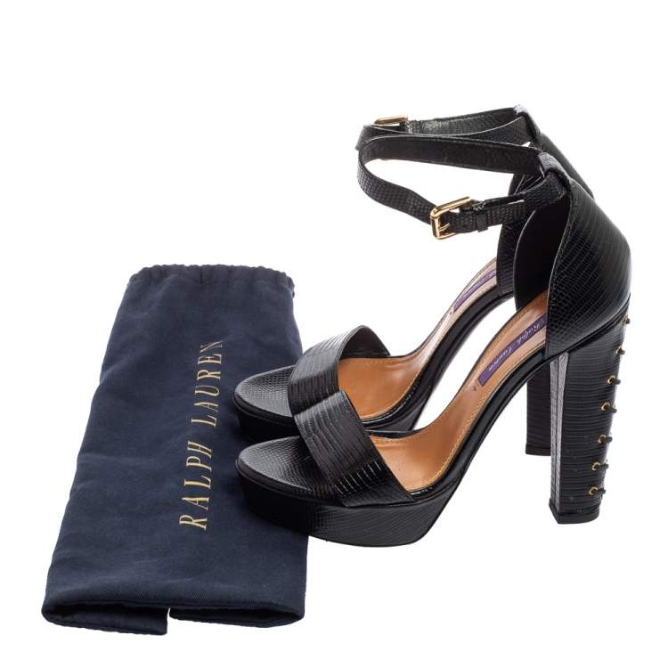 Pre Owned Ralph Lauren Black Lizard Embossed Leather Ankle Strap  Sandals Size 37