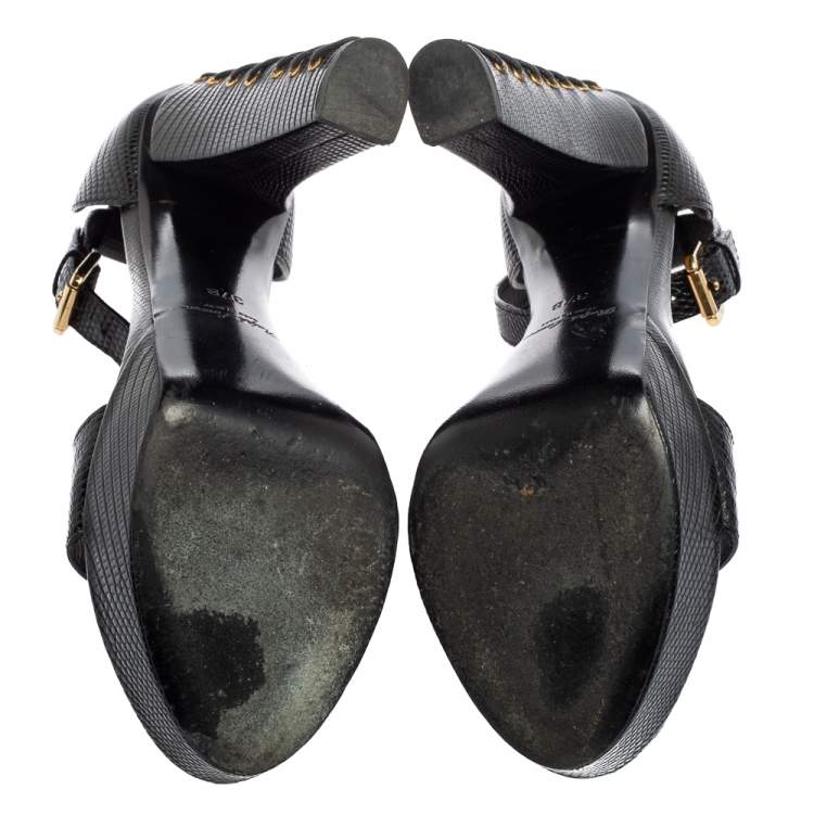 Pre Owned Ralph Lauren Black Lizard Embossed Leather Ankle Strap  Sandals Size 37