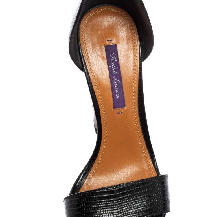 Pre Owned Ralph Lauren Black Lizard Embossed Leather Ankle Strap  Sandals Size 37