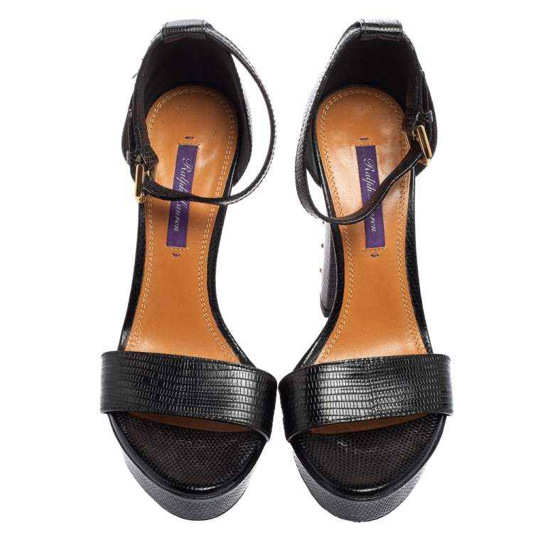 Pre Owned Ralph Lauren Black Lizard Embossed Leather Ankle Strap  Sandals Size 37
