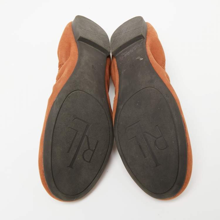 Pre Owned Ralph Lauren Tan Leather Embossed Logo Scrunch Ballet Flats Size 37