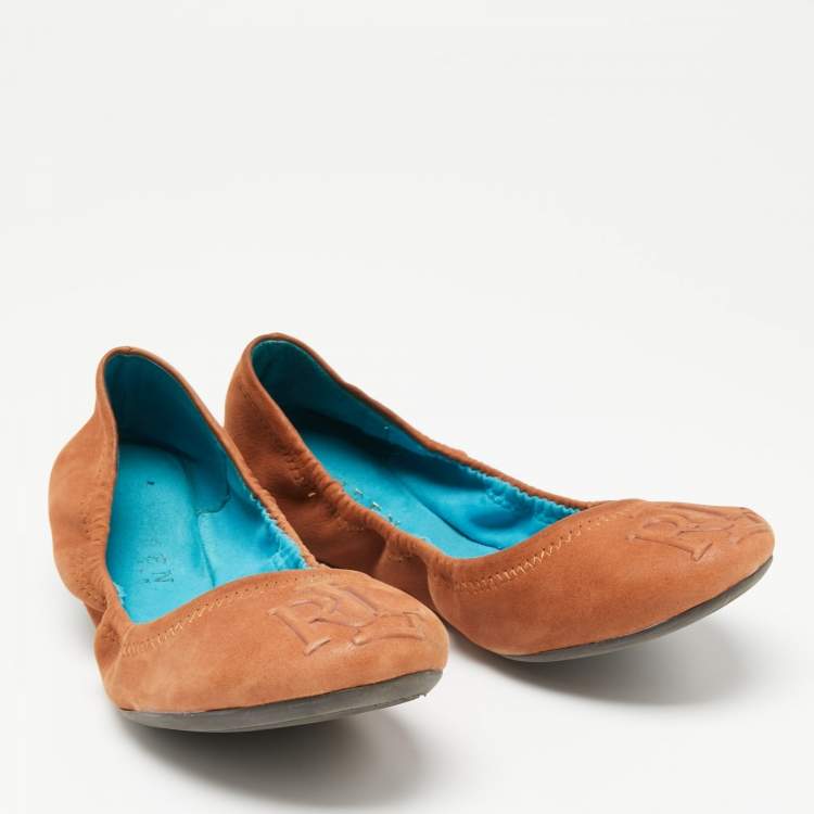 Pre Owned Ralph Lauren Tan Leather Embossed Logo Scrunch Ballet Flats Size 37