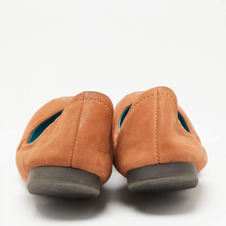 Pre Owned Ralph Lauren Tan Leather Embossed Logo Scrunch Ballet Flats Size 37