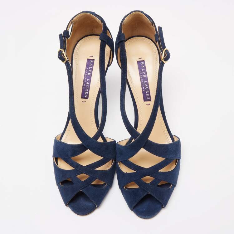 Pre Owned Ralph Lauren Collection Navy Blue Suede Crisscross Strap Sandals Size 38