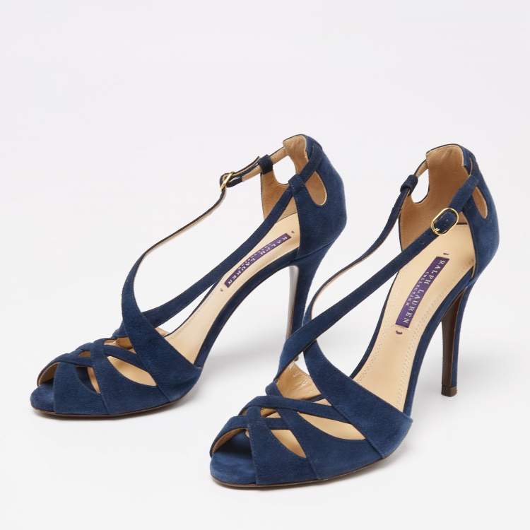 Ralph Lauren Collection Navy Blue Suede Crisscross Strap Sandals