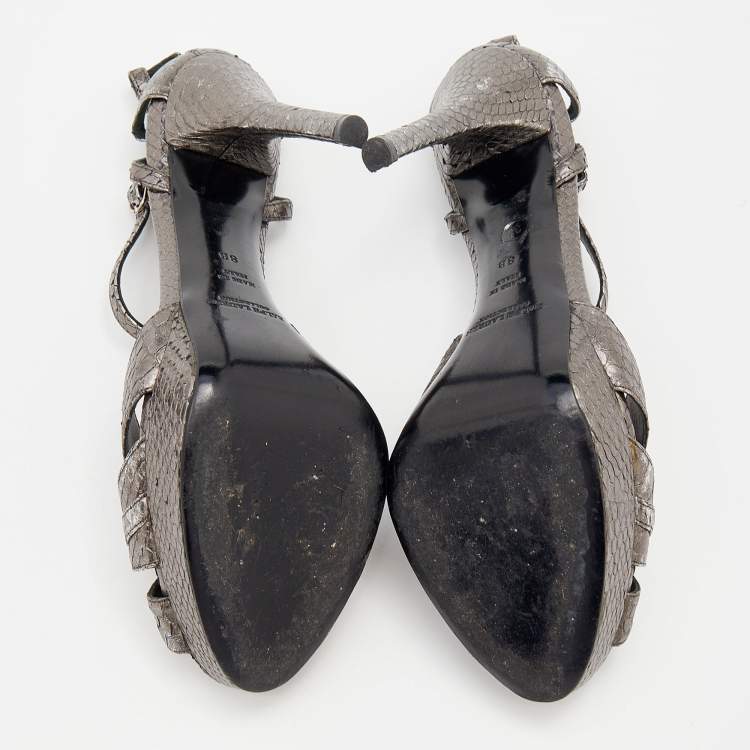 Pre Owned Ralph Lauren Metallic Grey Python Embossed Leather Ankle Strap Sandals Size 38