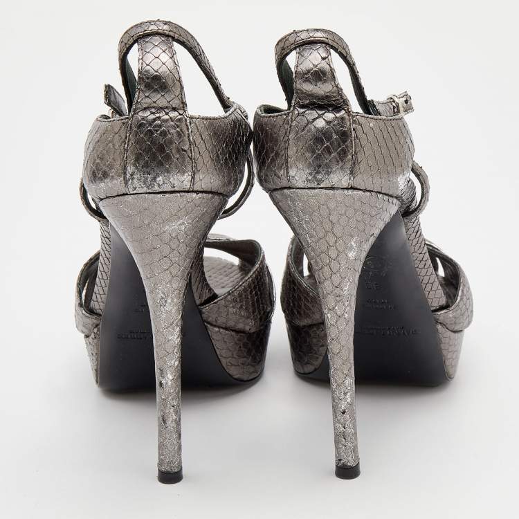 Pre Owned Ralph Lauren Metallic Grey Python Embossed Leather Ankle Strap Sandals Size 38