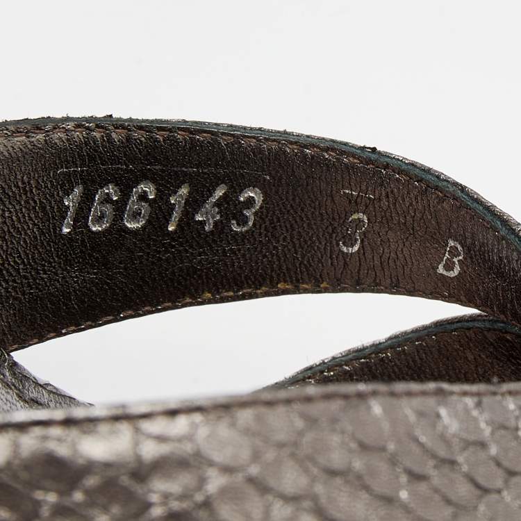 Pre Owned Ralph Lauren Metallic Grey Python Embossed Leather Ankle Strap Sandals Size 38