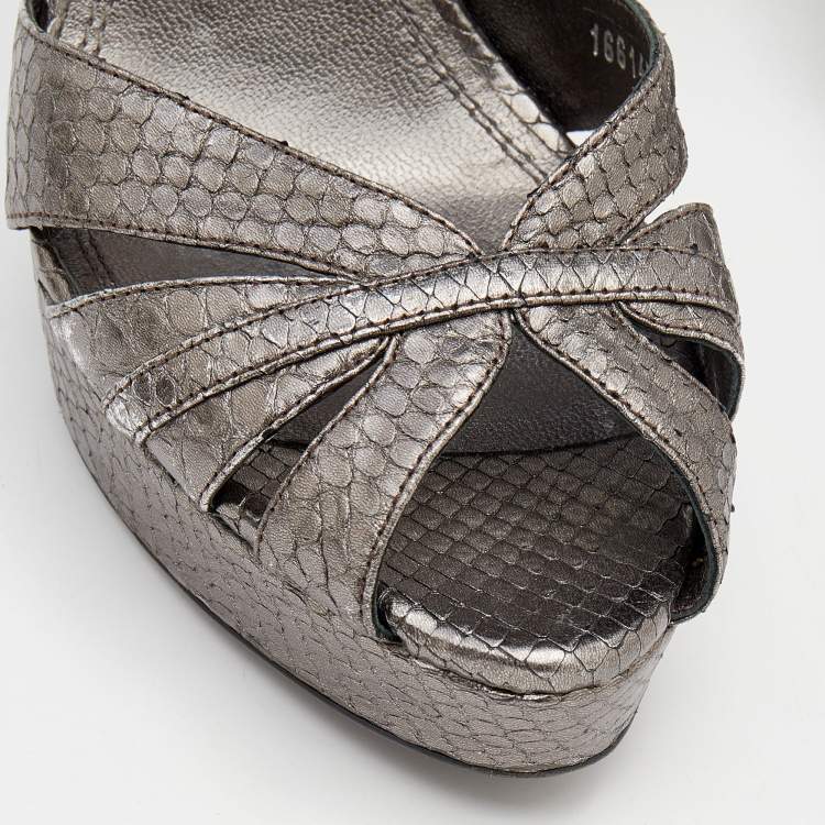 Pre Owned Ralph Lauren Metallic Grey Python Embossed Leather Ankle Strap Sandals Size 38