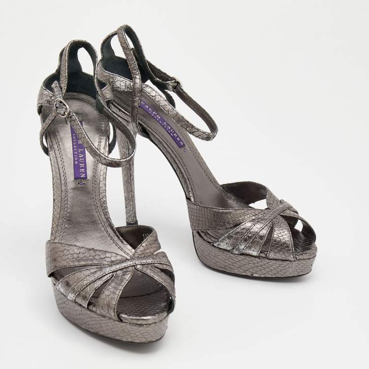 Pre Owned Ralph Lauren Metallic Grey Python Embossed Leather Ankle Strap Sandals Size 38