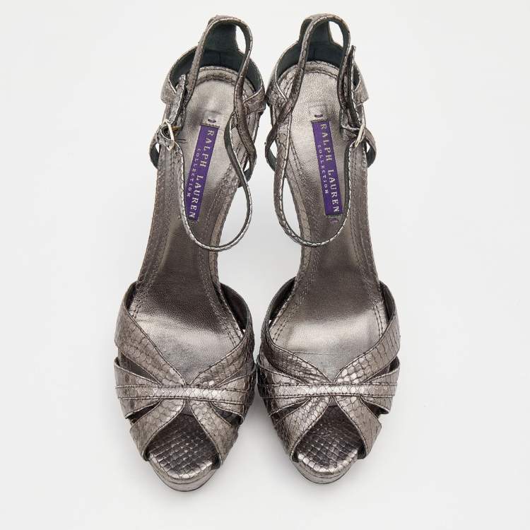 Pre Owned Ralph Lauren Metallic Grey Python Embossed Leather Ankle Strap Sandals Size 38