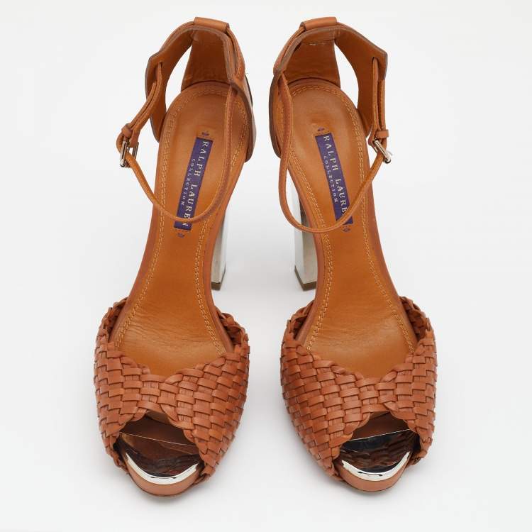 Pre Owned Ralph Lauren Brown Leather Platform Ankle Strap Sandals Size 39