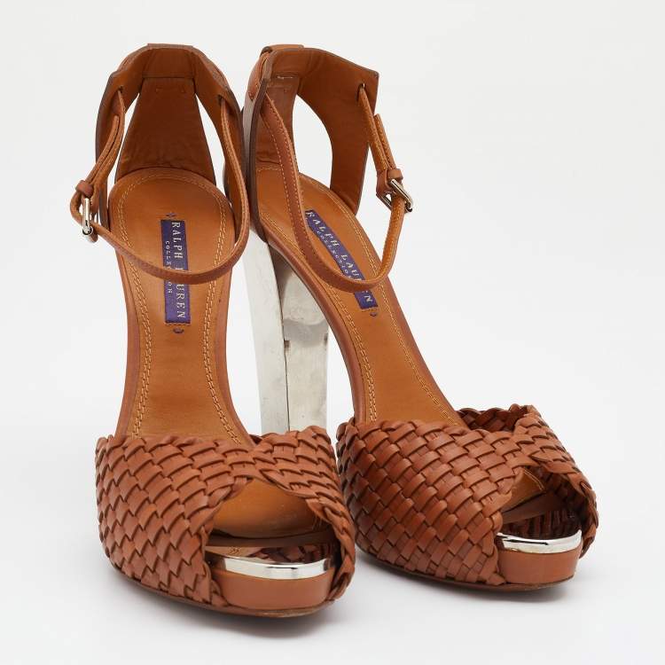 Pre Owned Ralph Lauren Brown Leather Platform Ankle Strap Sandals Size 39