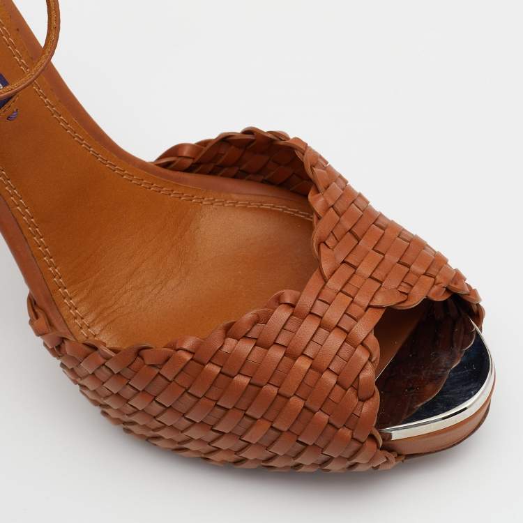 Pre Owned Ralph Lauren Brown Leather Platform Ankle Strap Sandals Size 39