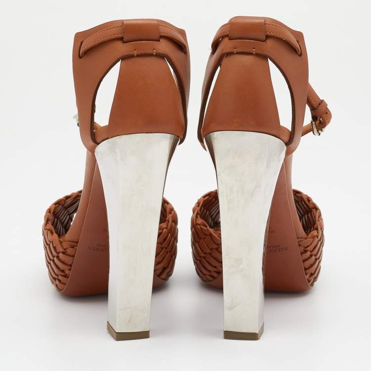 Pre Owned Ralph Lauren Brown Leather Platform Ankle Strap Sandals Size 39