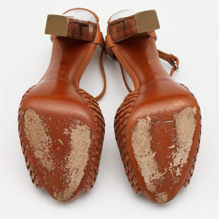 Pre Owned Ralph Lauren Brown Leather Platform Ankle Strap Sandals Size 39