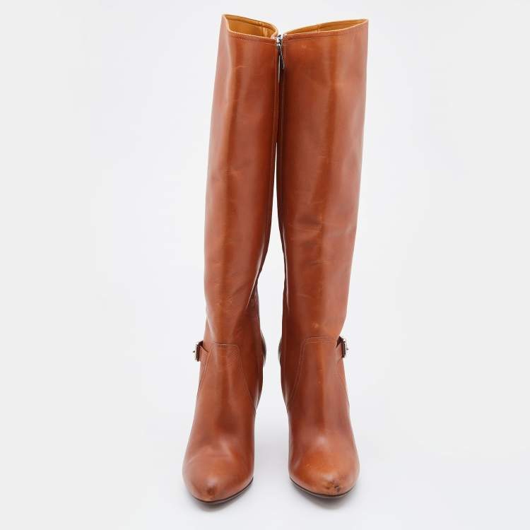 Pre Owned Ralph Lauren Tan Leather Knee Length Boot Size 38.5