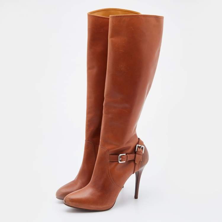 Pre Owned Ralph Lauren Tan Leather Knee Length Boot Size 38.5