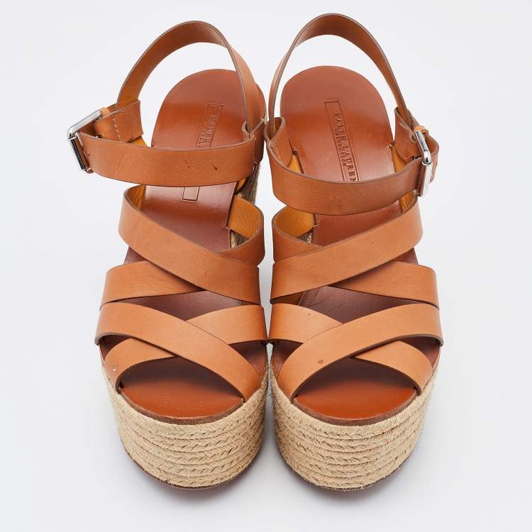 Pre Owned Ralph Lauren Brown Leather Wedge Platform Espadrille Sandals Size 38