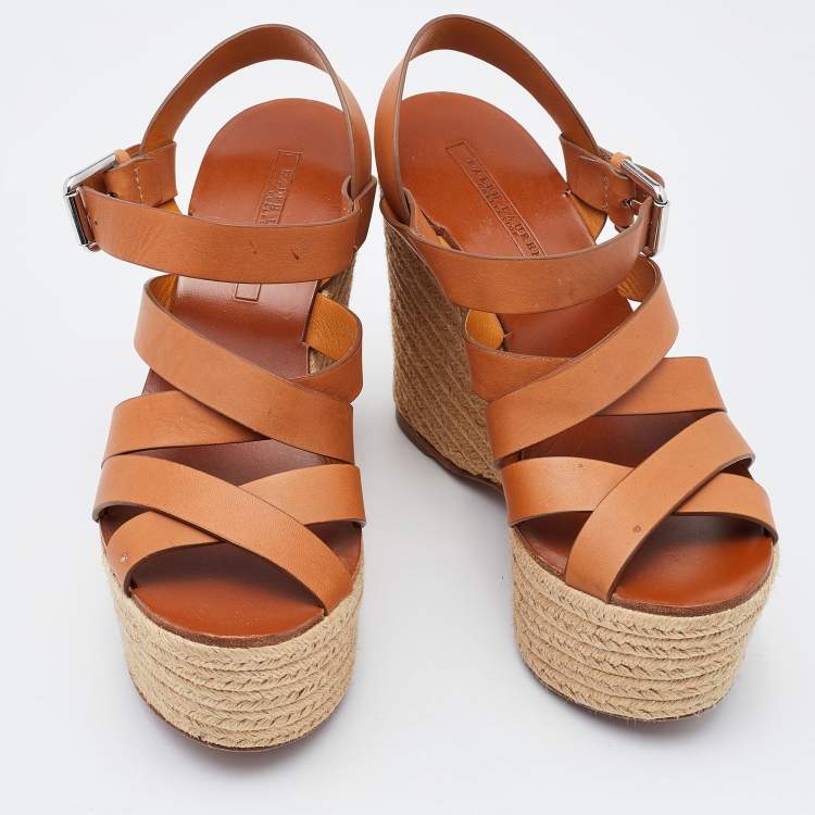 Pre Owned Ralph Lauren Brown Leather Wedge Platform Espadrille Sandals Size 38
