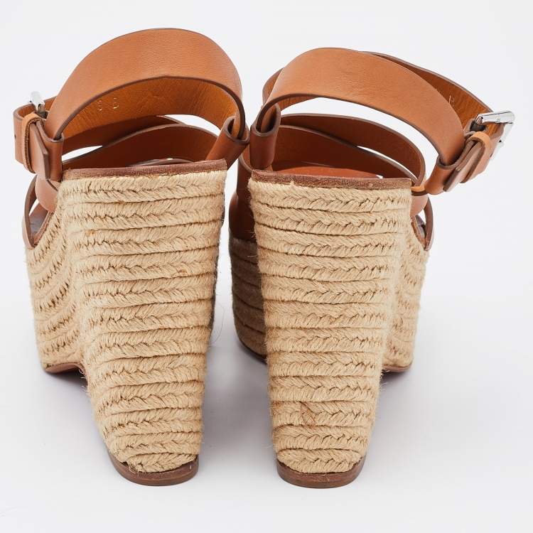 Pre Owned Ralph Lauren Brown Leather Wedge Platform Espadrille Sandals Size 38