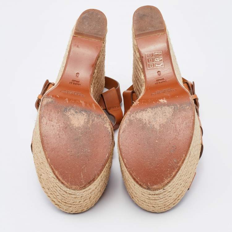 Pre Owned Ralph Lauren Brown Leather Wedge Platform Espadrille Sandals Size 38