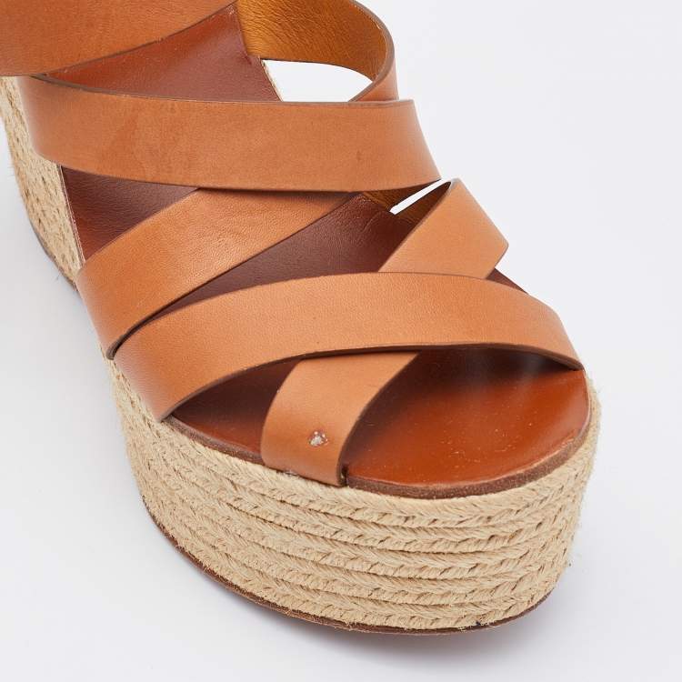Pre Owned Ralph Lauren Brown Leather Wedge Platform Espadrille Sandals Size 38