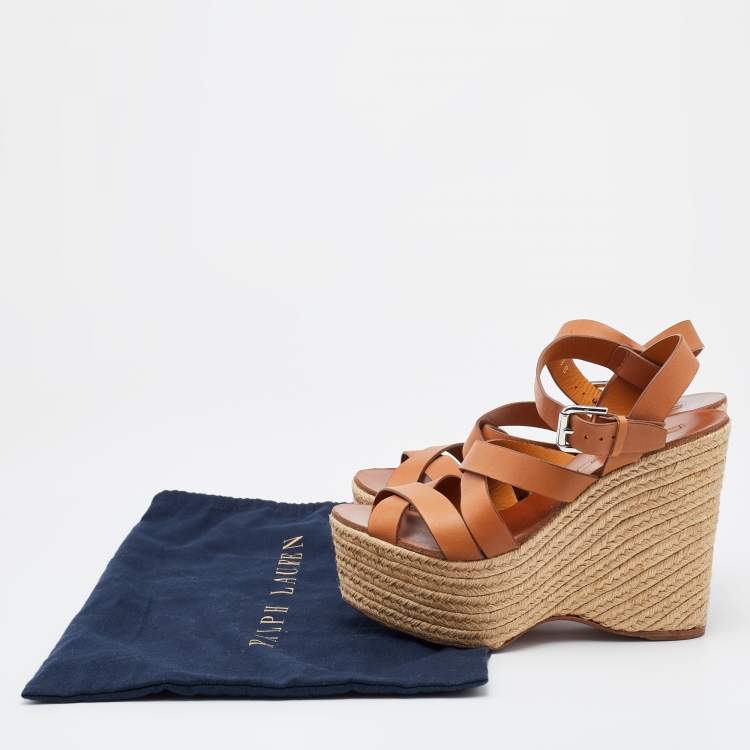 Pre Owned Ralph Lauren Brown Leather Wedge Platform Espadrille Sandals Size 38