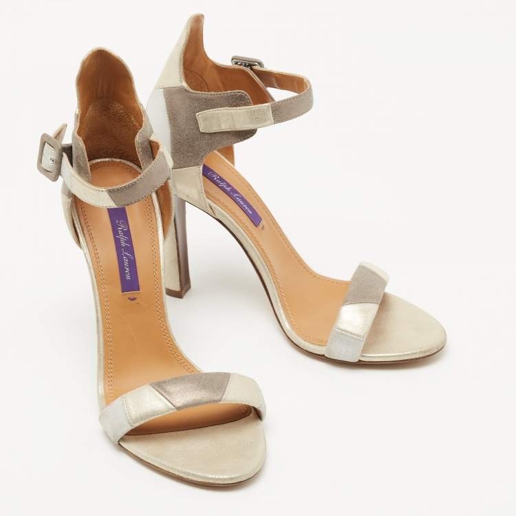 Pre Owned Ralph Lauren Metallic Glitter Suede Ankle Strap Sandals Size 38