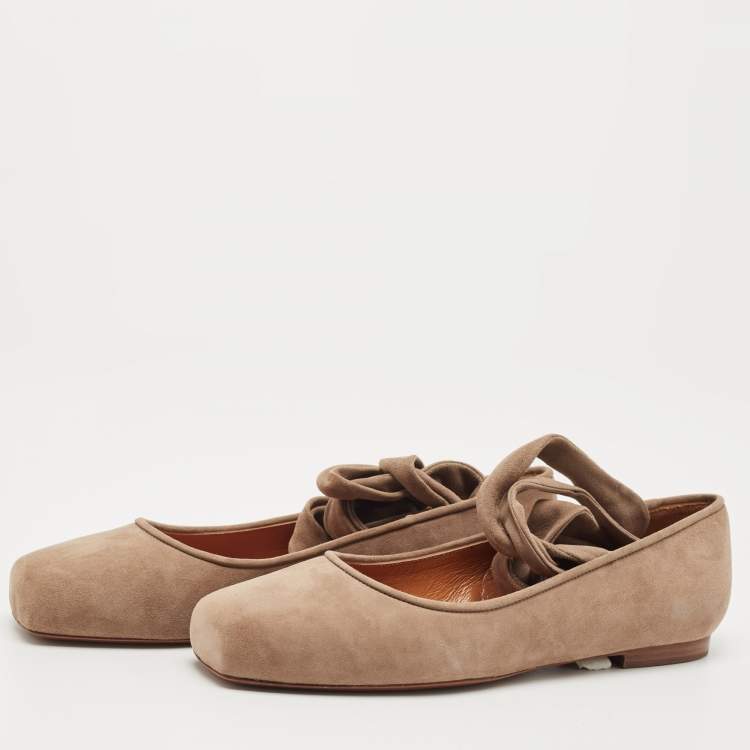 Pre Owned Ralph Lauren Brown Suede Ankle Wrap Ballet Flats Size 37