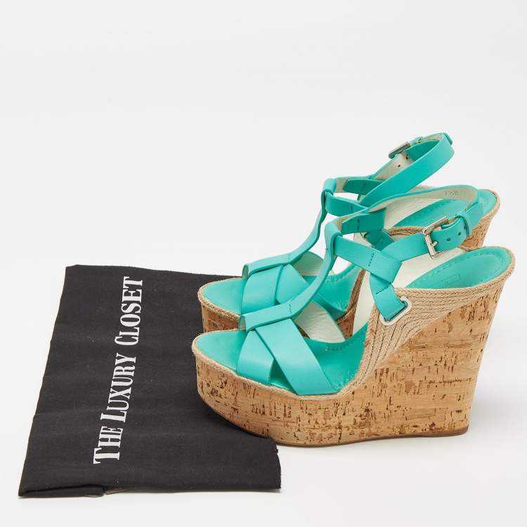 Pre Owned Ralph Lauren Turquoise Leather and Jute Cork Wedge Ankle Strap Sandals Size 37.5