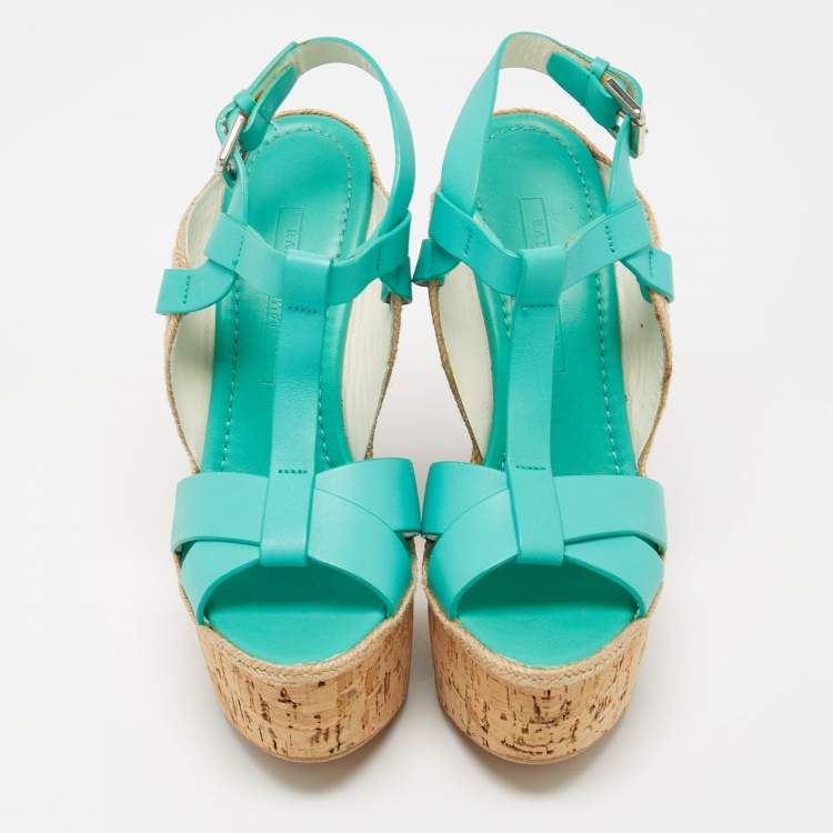 Pre Owned Ralph Lauren Turquoise Leather and Jute Cork Wedge Ankle Strap Sandals Size 37.5