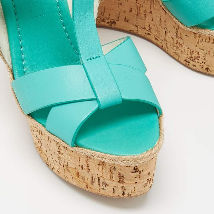 Pre Owned Ralph Lauren Turquoise Leather and Jute Cork Wedge Ankle Strap Sandals Size 37.5